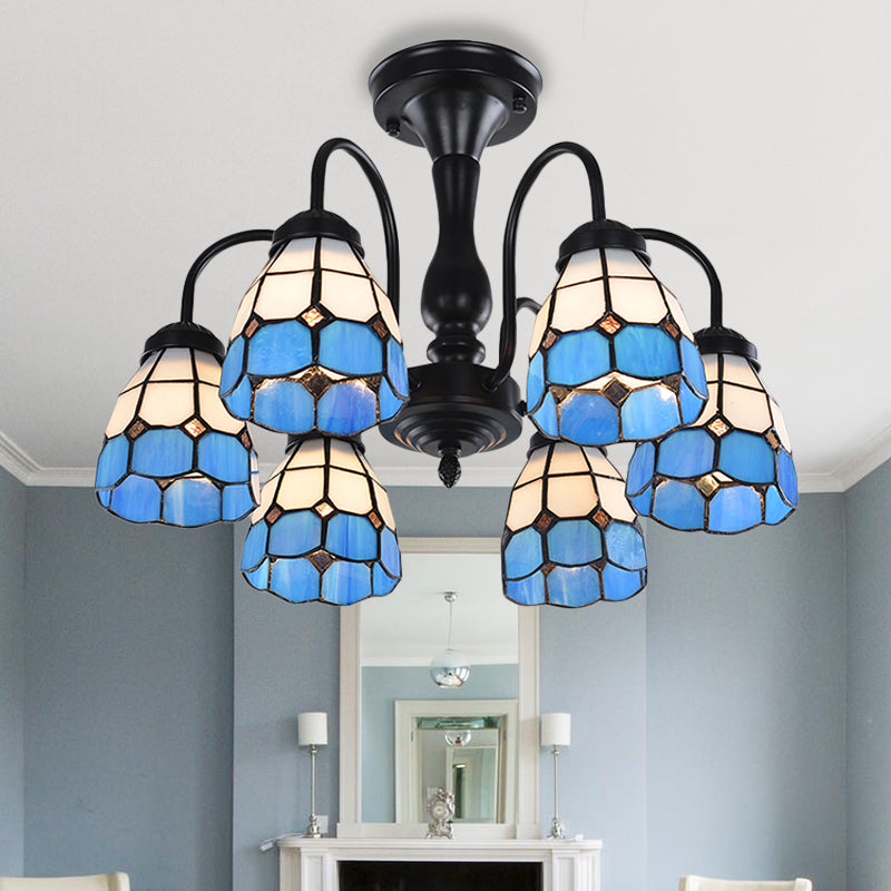 Domed Cut Glass Semi Mount Lighting Baroque Stylish 6/8 Lights Blue Ceiling Light Fixture Clearhalo 'Ceiling Lights' 'Close To Ceiling Lights' 'Close to ceiling' 'Glass shade' 'Glass' 'Semi-flushmount' 'Tiffany close to ceiling' 'Tiffany' Lighting' 360674