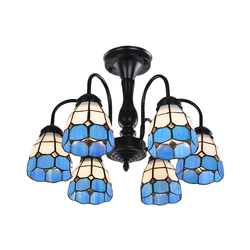 Domed Cut Glass Semi Mount Lighting Baroque Stylish 6/8 Lights Blue Ceiling Light Fixture Clearhalo 'Ceiling Lights' 'Close To Ceiling Lights' 'Close to ceiling' 'Glass shade' 'Glass' 'Semi-flushmount' 'Tiffany close to ceiling' 'Tiffany' Lighting' 360675