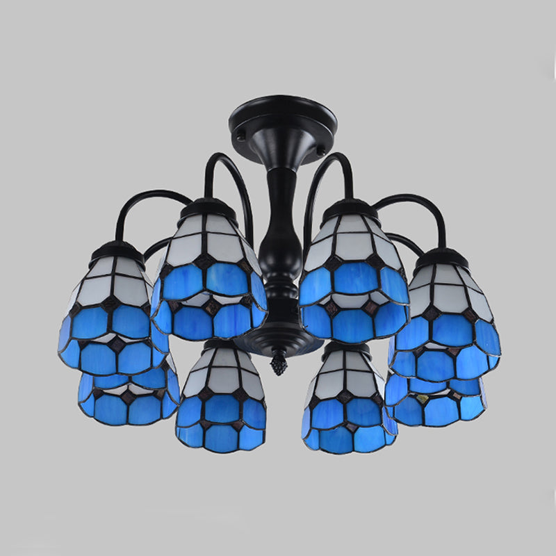 Domed Cut Glass Semi Mount Lighting Baroque Stylish 6/8 Lights Blue Ceiling Light Fixture Clearhalo 'Ceiling Lights' 'Close To Ceiling Lights' 'Close to ceiling' 'Glass shade' 'Glass' 'Semi-flushmount' 'Tiffany close to ceiling' 'Tiffany' Lighting' 360681