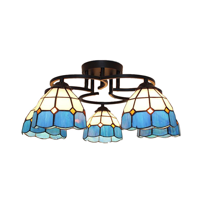 Blue/Light Blue Glass Grid Patterned Semi Flush Light Fixture Baroque 5 Lights Black Ceiling Flush Mount for Bedroom Clearhalo 'Ceiling Lights' 'Close To Ceiling Lights' 'Close to ceiling' 'Glass shade' 'Glass' 'Semi-flushmount' 'Tiffany close to ceiling' 'Tiffany' Lighting' 360685