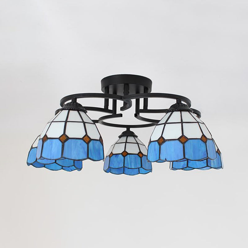 Blue/Light Blue Glass Grid Patterned Semi Flush Light Fixture Baroque 5 Lights Black Ceiling Flush Mount for Bedroom Clearhalo 'Ceiling Lights' 'Close To Ceiling Lights' 'Close to ceiling' 'Glass shade' 'Glass' 'Semi-flushmount' 'Tiffany close to ceiling' 'Tiffany' Lighting' 360686