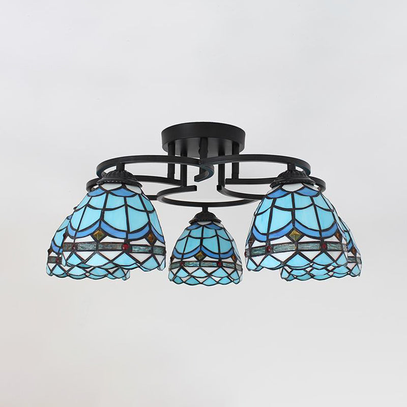 Blue/Light Blue Glass Grid Patterned Semi Flush Light Fixture Baroque 5 Lights Black Ceiling Flush Mount for Bedroom Light Blue Clearhalo 'Ceiling Lights' 'Close To Ceiling Lights' 'Close to ceiling' 'Glass shade' 'Glass' 'Semi-flushmount' 'Tiffany close to ceiling' 'Tiffany' Lighting' 360688