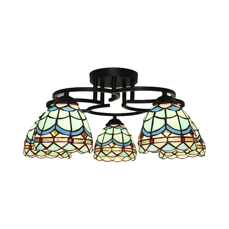 Blue/Light Blue Glass Grid Patterned Semi Flush Light Fixture Baroque 5 Lights Black Ceiling Flush Mount for Bedroom Clearhalo 'Ceiling Lights' 'Close To Ceiling Lights' 'Close to ceiling' 'Glass shade' 'Glass' 'Semi-flushmount' 'Tiffany close to ceiling' 'Tiffany' Lighting' 360689