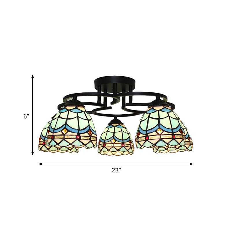 Blue/Light Blue Glass Grid Patterned Semi Flush Light Fixture Baroque 5 Lights Black Ceiling Flush Mount for Bedroom Clearhalo 'Ceiling Lights' 'Close To Ceiling Lights' 'Close to ceiling' 'Glass shade' 'Glass' 'Semi-flushmount' 'Tiffany close to ceiling' 'Tiffany' Lighting' 360690