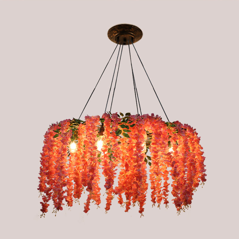 Floral Restaurant Chandelier Lighting Fixture Industrial Metal 6 Bulbs Pink LED Drop Lamp Clearhalo 'Cast Iron' 'Ceiling Lights' 'Chandeliers' 'Industrial Chandeliers' 'Industrial' 'Metal' 'Middle Century Chandeliers' 'Rustic Chandeliers' 'Tiffany' Lighting' 360890