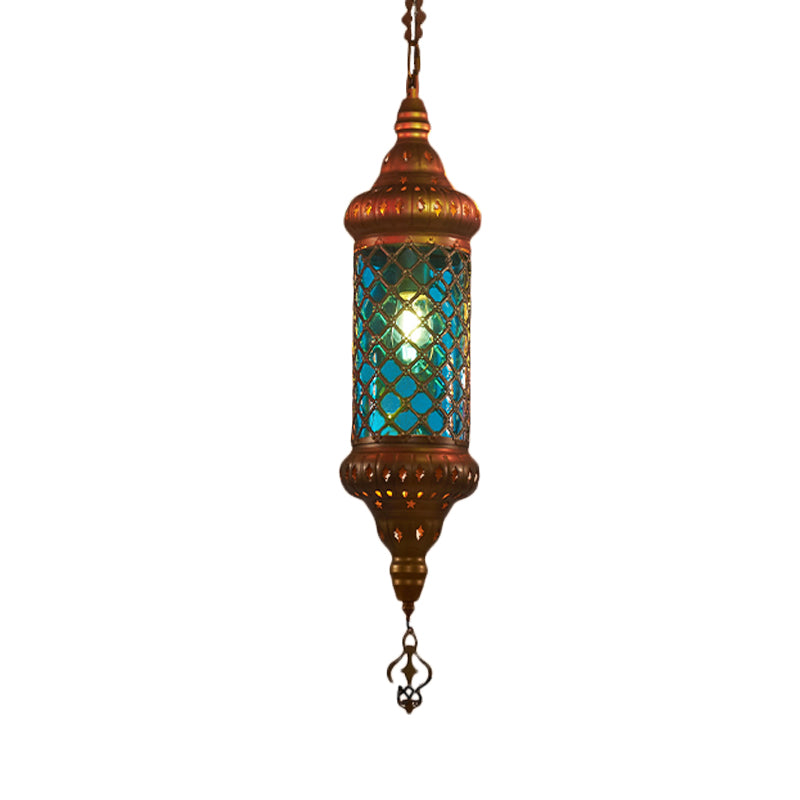 1 Bulb Lantern Hanging Pendant Light Traditional Red/Yellow/Blue Glass Ceiling Suspension Lamp for Restaurant Clearhalo 'Ceiling Lights' 'Pendant Lights' 'Pendants' Lighting' 360986