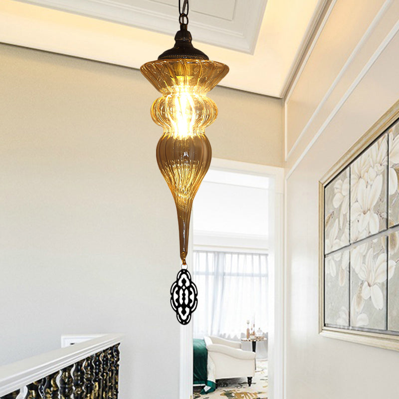 Vintage Urn Drop Lamp 1 Head Prismatic Amber Glass Pendant Ceiling Light in Brass for Restaurant Clearhalo 'Ceiling Lights' 'Pendant Lights' 'Pendants' Lighting' 361002