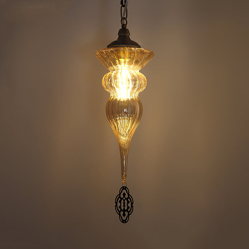 Vintage Urn Drop Lamp 1 Head Prismatic Amber Glass Pendant Ceiling Light in Brass for Restaurant Clearhalo 'Ceiling Lights' 'Pendant Lights' 'Pendants' Lighting' 361003