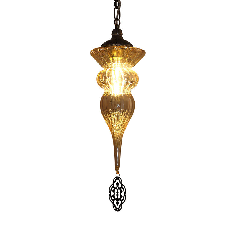 Vintage Urn Drop Lamp 1 Head Prismatic Amber Glass Pendant Ceiling Light in Brass for Restaurant Clearhalo 'Ceiling Lights' 'Pendant Lights' 'Pendants' Lighting' 361004