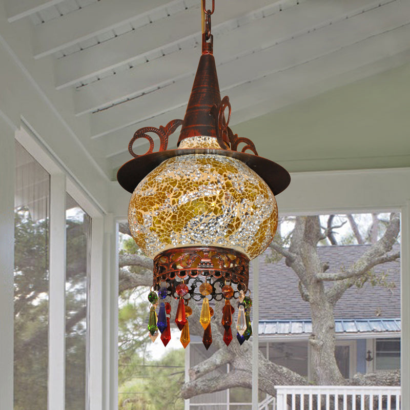 Lantern Porch Pendant Lighting Traditional Cut Glass 1 Head White and Red/Yellow Hanging Ceiling Light Clearhalo 'Ceiling Lights' 'Pendant Lights' 'Pendants' Lighting' 361012