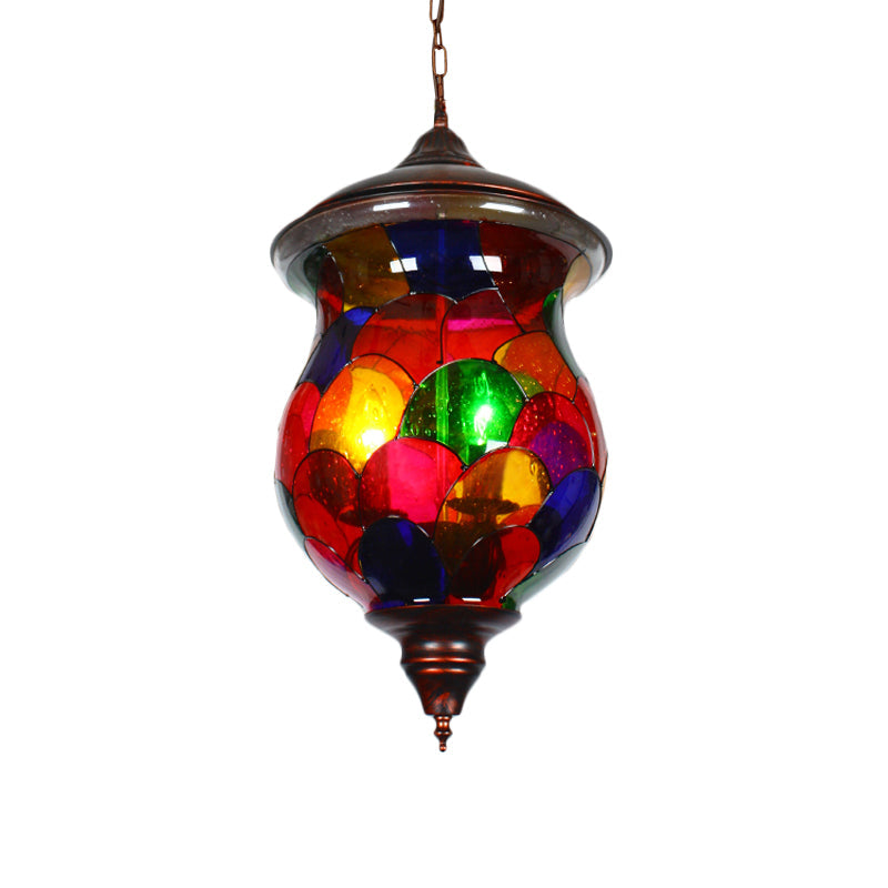 Urn Living Room Ceiling Pendant Mediterranean Stained Glass 1 Head Red Hanging Light Fixture Red Clearhalo 'Ceiling Lights' 'Pendant Lights' 'Pendants' Lighting' 361035_bc5045cb-86d6-45f7-bdef-10e383ee23d8