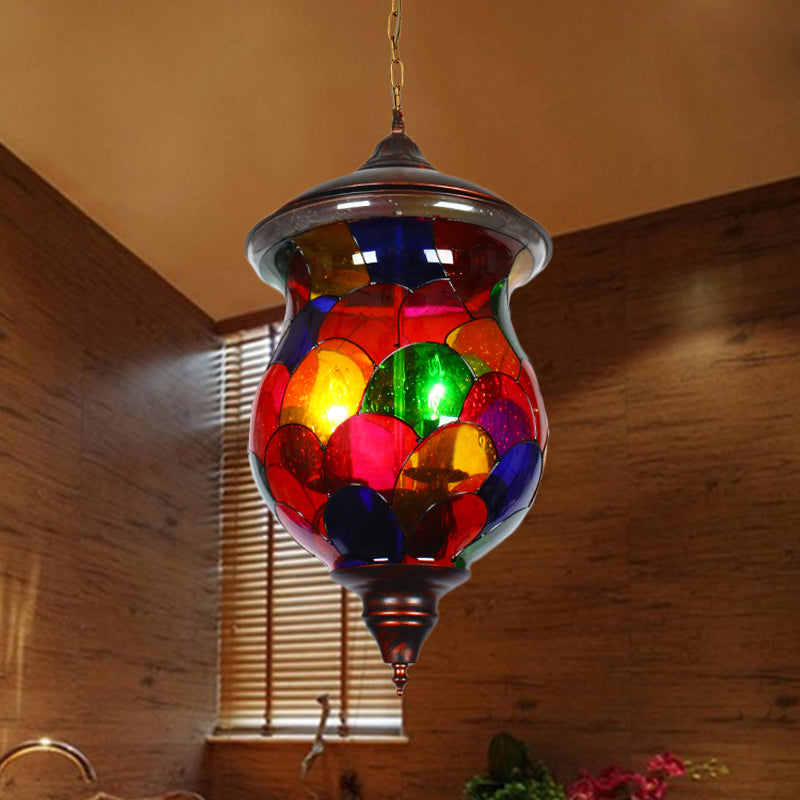 Urn Living Room Ceiling Pendant Mediterranean Stained Glass 1 Head Red Hanging Light Fixture Clearhalo 'Ceiling Lights' 'Pendant Lights' 'Pendants' Lighting' 361036