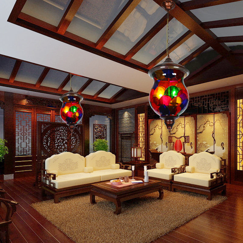 Urn Living Room Ceiling Pendant Mediterranean Stained Glass 1 Head Red Hanging Light Fixture Clearhalo 'Ceiling Lights' 'Pendant Lights' 'Pendants' Lighting' 361037