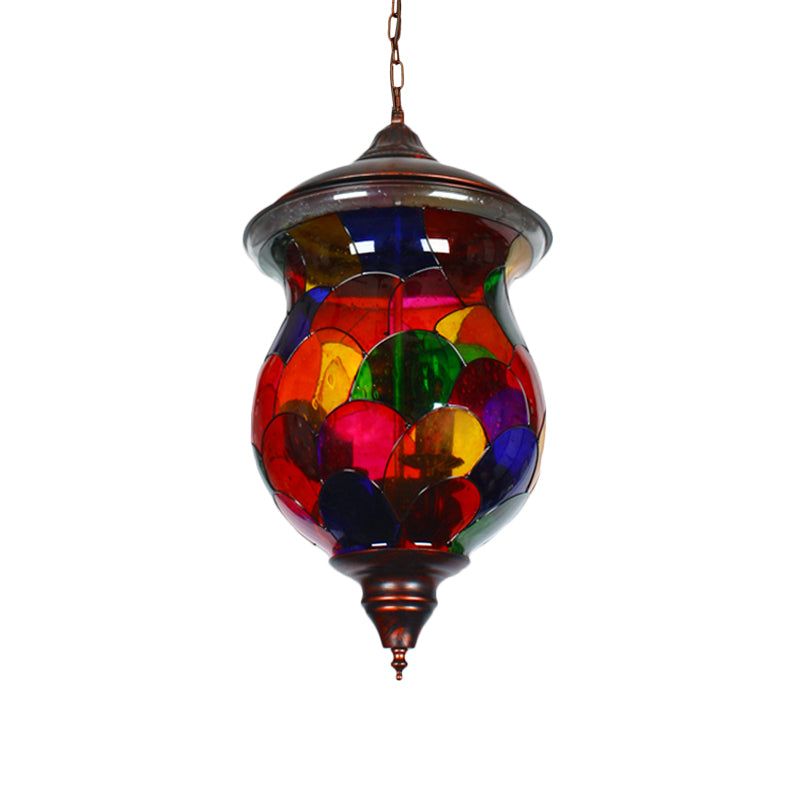 Urn Living Room Ceiling Pendant Mediterranean Stained Glass 1 Head Red Hanging Light Fixture Clearhalo 'Ceiling Lights' 'Pendant Lights' 'Pendants' Lighting' 361038