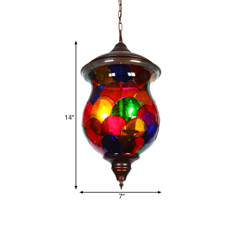 Urn Living Room Ceiling Pendant Mediterranean Stained Glass 1 Head Red Hanging Light Fixture Clearhalo 'Ceiling Lights' 'Pendant Lights' 'Pendants' Lighting' 361039