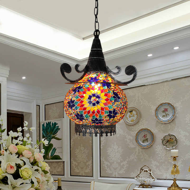 Bohemia Ball Drop Lamp 1 Head Handcrafted Stained Glass Pendant Ceiling Light in Beige/Yellow/Green Clearhalo 'Ceiling Lights' 'Pendant Lights' 'Pendants' Lighting' 361068