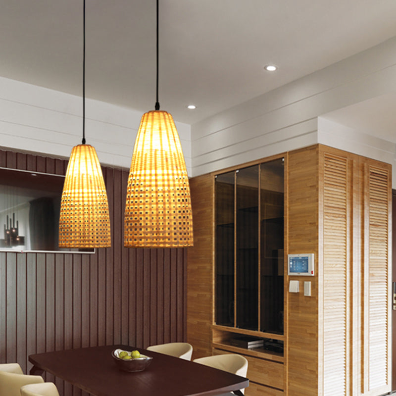 Bamboo Flared Hanging Lamp Chinese 1 Bulb Wood Pendant Light Fixture for Dining Room Clearhalo 'Ceiling Lights' 'Pendant Lights' 'Pendants' Lighting' 361264