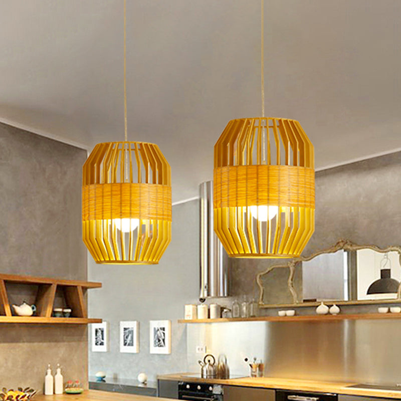 Japanese Laser Cut Hanging Light Wood 1 Bulb Pendant Lighting Fixture in Beige for Restaurant Clearhalo 'Ceiling Lights' 'Pendant Lights' 'Pendants' Lighting' 361304