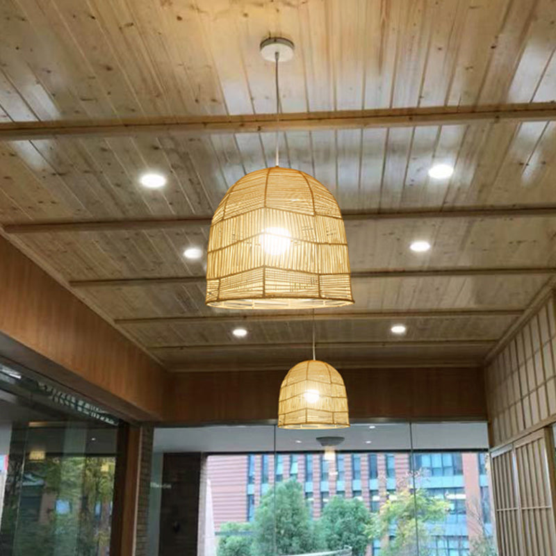 1 Head Basket Pendant Lighting Chinese Bamboo Ceiling Suspension Lamp in Wood for Restaurant Clearhalo 'Ceiling Lights' 'Pendant Lights' 'Pendants' Lighting' 361346