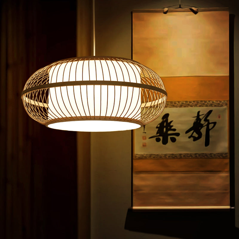 1 Head Restaurant Ceiling Lamp Asia Beige Hanging Light Fixture with Lantern Bamboo Shade Clearhalo 'Ceiling Lights' 'Pendant Lights' 'Pendants' Lighting' 361381