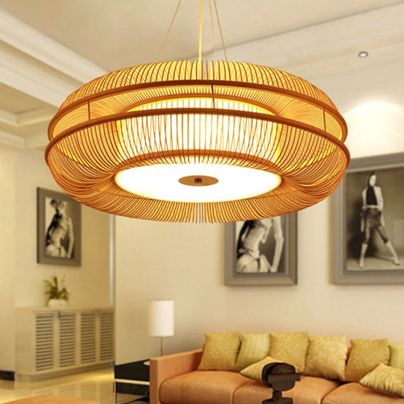 Dunut Pendant Lamp Chinese Bamboo 1 Bulb Beige Hanging Ceiling Light, 25.5