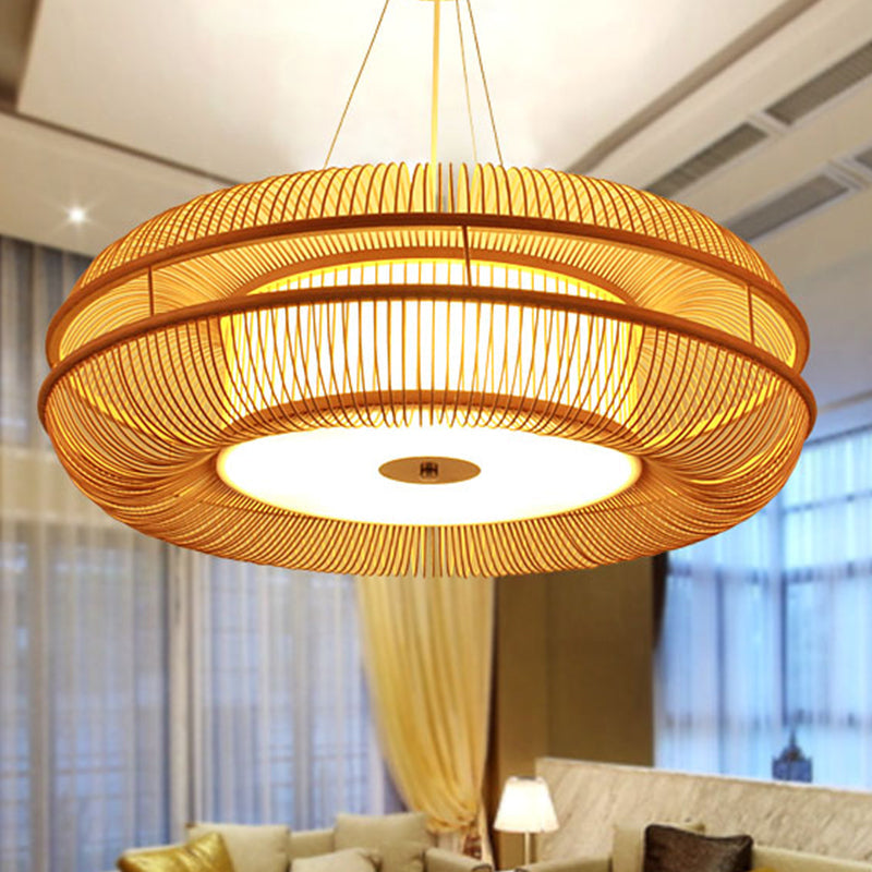 Dunut Pendant Lamp Chinese Bamboo 1 Bulb Beige Hanging Ceiling Light, 25.5