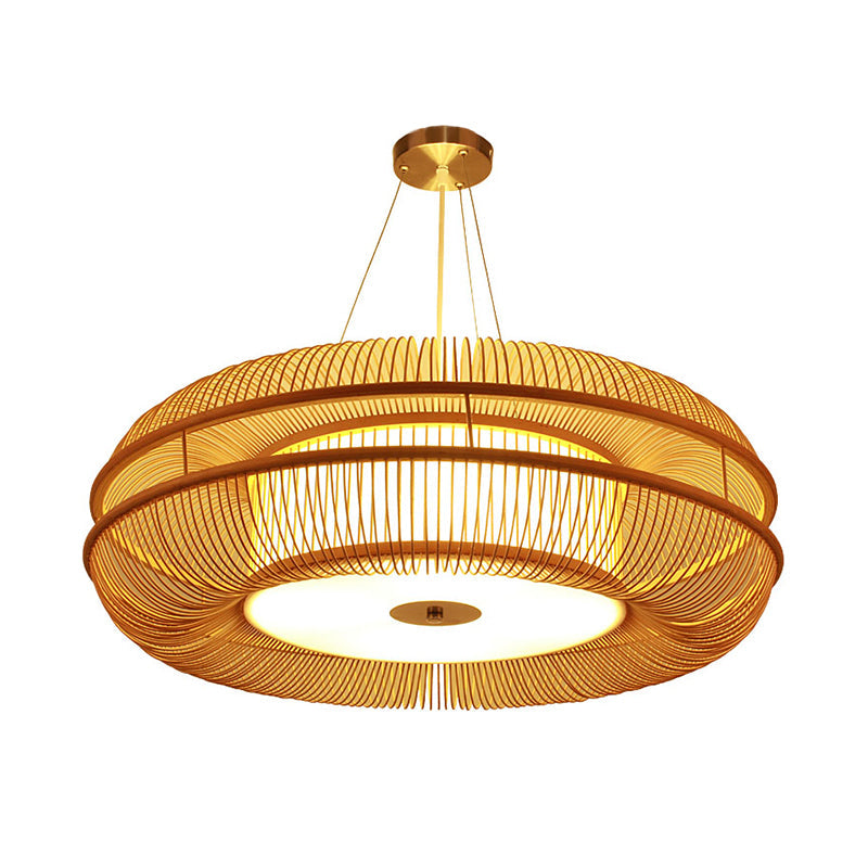 Dunut Pendant Lamp Chinese Bamboo 1 Bulb Beige Hanging Ceiling Light, 25.5