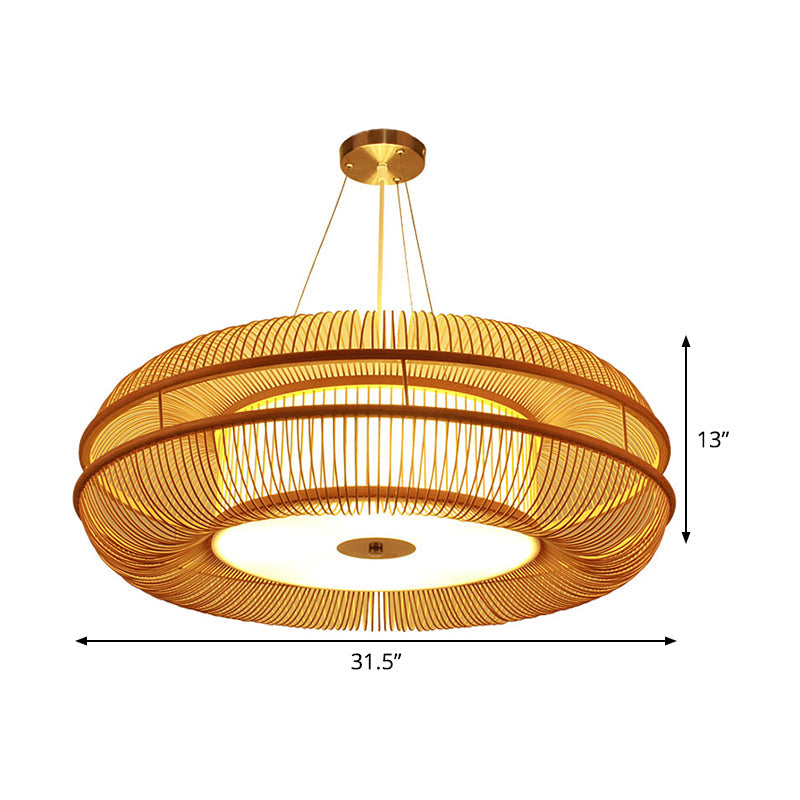 Dunut Pendant Lamp Chinese Bamboo 1 Bulb Beige Hanging Ceiling Light, 25.5