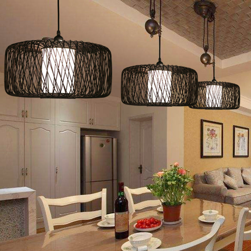 Drum Bamboo Hanging Lamp Asian 1 Bulb Beige/Black Pendant Lighting Fixture for Dining Room Clearhalo 'Ceiling Lights' 'Pendant Lights' 'Pendants' Lighting' 361403