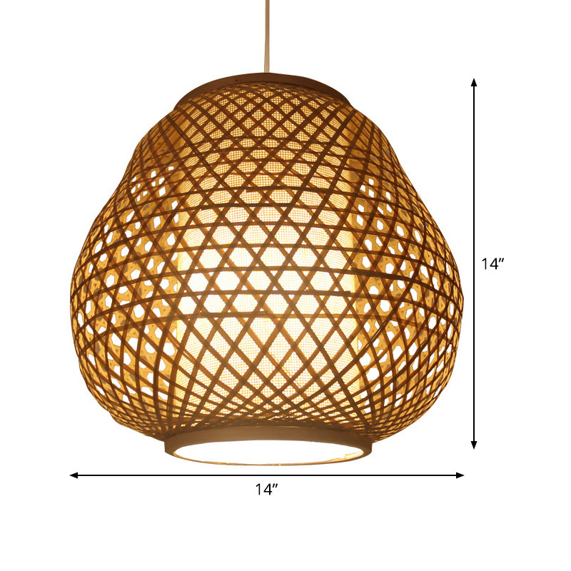 Asian 1 Bulb Pendant Lighting Beige Teardrop Hanging Ceiling Light with Bamboo Shade Clearhalo 'Ceiling Lights' 'Pendant Lights' 'Pendants' Lighting' 361418