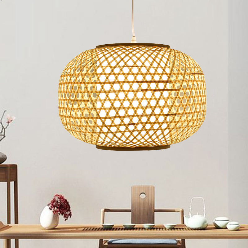 1 Head Bedroom Hanging Lamp Asia Beige Ceiling Pendant Light with Lantern Bamboo Shade Beige Clearhalo 'Ceiling Lights' 'Pendant Lights' 'Pendants' Lighting' 361424_9a3d8da3-15a7-4ba7-a8ca-da778f830421