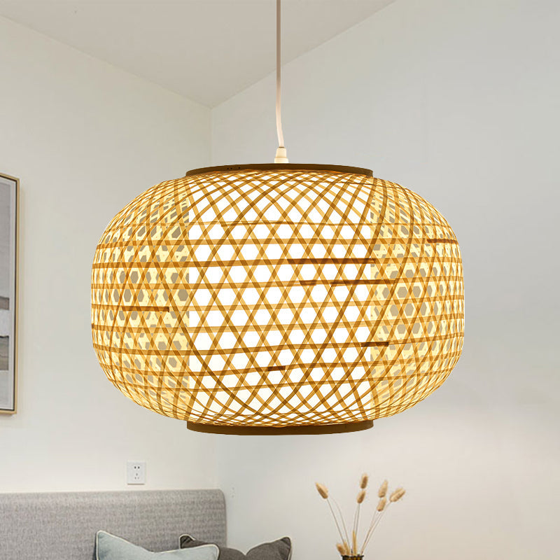 1 Head Bedroom Hanging Lamp Asia Beige Ceiling Pendant Light with Lantern Bamboo Shade Clearhalo 'Ceiling Lights' 'Pendant Lights' 'Pendants' Lighting' 361425