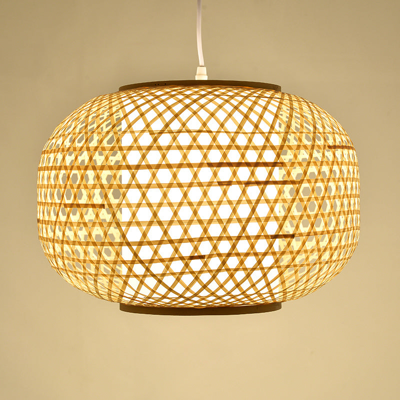 1 Head Bedroom Hanging Lamp Asia Beige Ceiling Pendant Light with Lantern Bamboo Shade Clearhalo 'Ceiling Lights' 'Pendant Lights' 'Pendants' Lighting' 361426