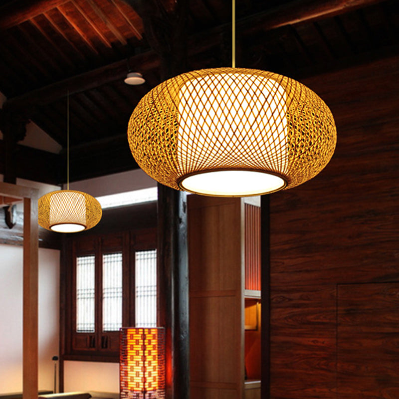 Curved Drum Pendant Lamp Asian Bamboo 1 Bulb Beige Hanging Ceiling Light, 16