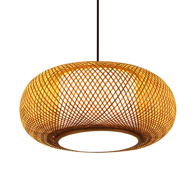 Curved Drum Pendant Lamp Asian Bamboo 1 Bulb Beige Hanging Ceiling Light, 16