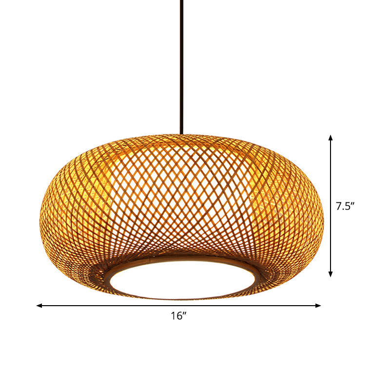 Curved Drum Pendant Lamp Asian Bamboo 1 Bulb Beige Hanging Ceiling Light, 16