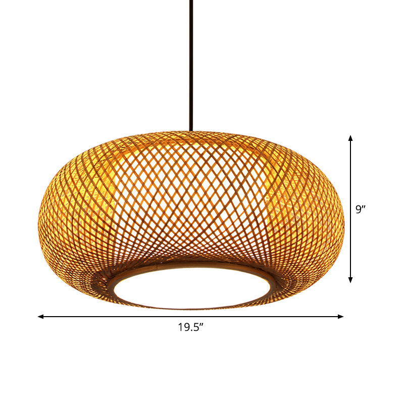 Curved Drum Pendant Lamp Asian Bamboo 1 Bulb Beige Hanging Ceiling Light, 16