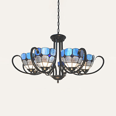 6/8 Lights Bowl Pendant Lighting Stained Glass Baroque Chandelier Light in Blue with Metal Chain Clearhalo 'Ceiling Lights' 'Chandeliers' 'Industrial' 'Middle Century Chandeliers' 'Tiffany Chandeliers' 'Tiffany close to ceiling' 'Tiffany' Lighting' 36432