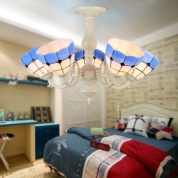 Stained Glass Chandelier with Bowl Shade 3/5 Bulbs Baroque Dining Room Pendant Light with Metal Chain 5 Blue Clearhalo 'Ceiling Lights' 'Close To Ceiling Lights' 'Close to ceiling' 'Glass shade' 'Glass' 'Semi-flushmount' 'Tiffany close to ceiling' 'Tiffany' Lighting' 36655