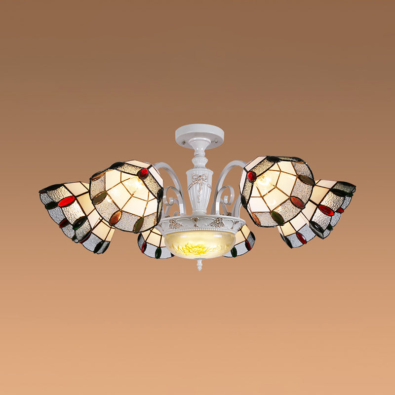 Beaded Indoor Chandelier White Glass Shade 3/5/8/6 Lights Vintage Pendant Lighting for Living Room Clearhalo 'Ceiling Lights' 'Close To Ceiling Lights' 'Close to ceiling' 'Glass shade' 'Glass' 'Semi-flushmount' 'Tiffany close to ceiling' 'Tiffany' Lighting' 36672