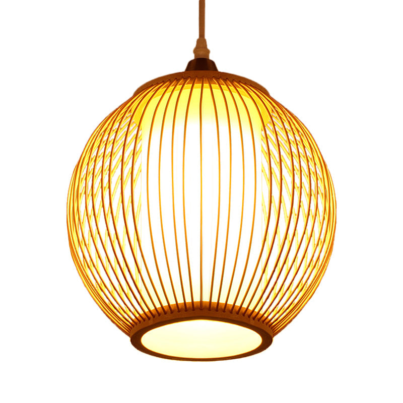 Chinese 1 Head Pendant Lighting Beige Lantern Ceiling Hanging Light with Bamboo Shade Clearhalo 'Ceiling Lights' 'Pendant Lights' 'Pendants' Lighting' 367144