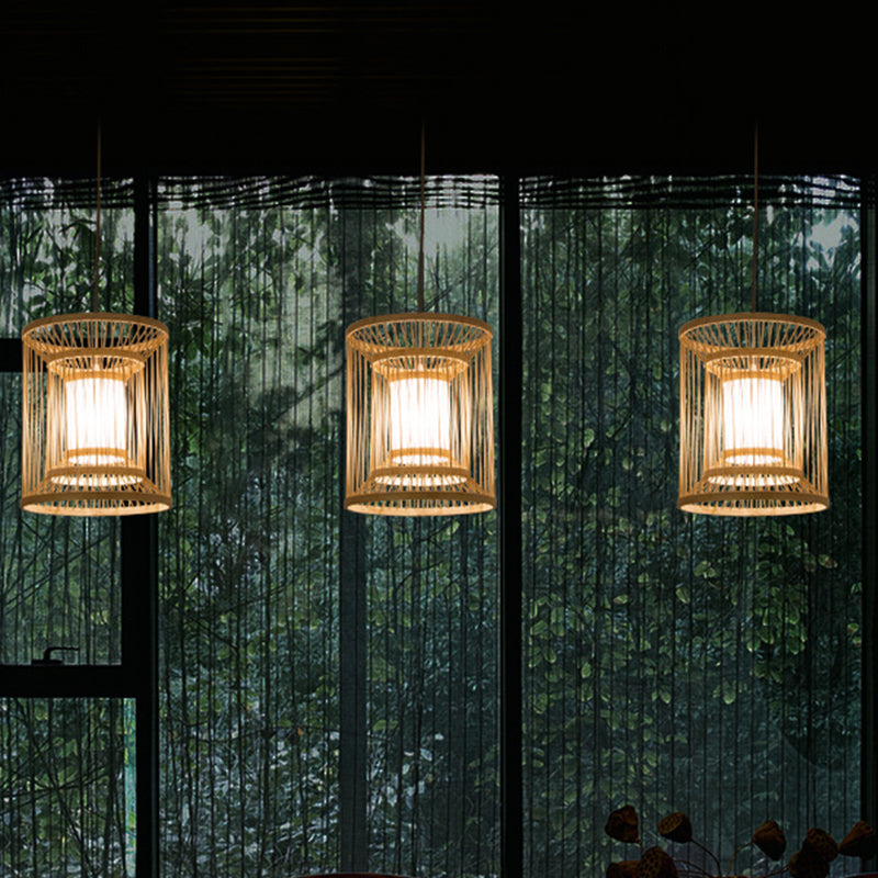 Cylindrical Hanging Light Japanese Bamboo 1 Bulb 12