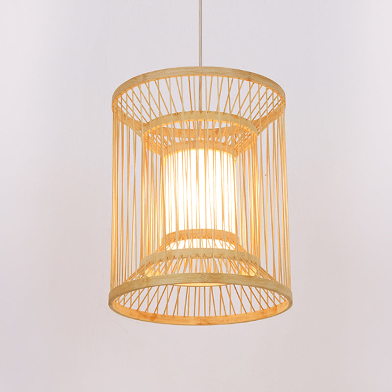 Cylindrical Hanging Light Japanese Bamboo 1 Bulb 12