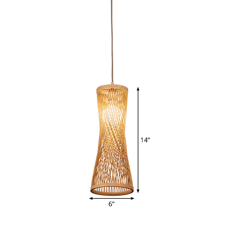 Wide Flare Ceiling Lamp Asian Bamboo 1 Bulb Beige Suspended Lighting Fixture, 6