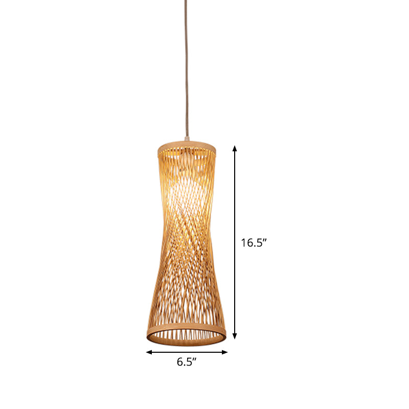 Wide Flare Ceiling Lamp Asian Bamboo 1 Bulb Beige Suspended Lighting Fixture, 6