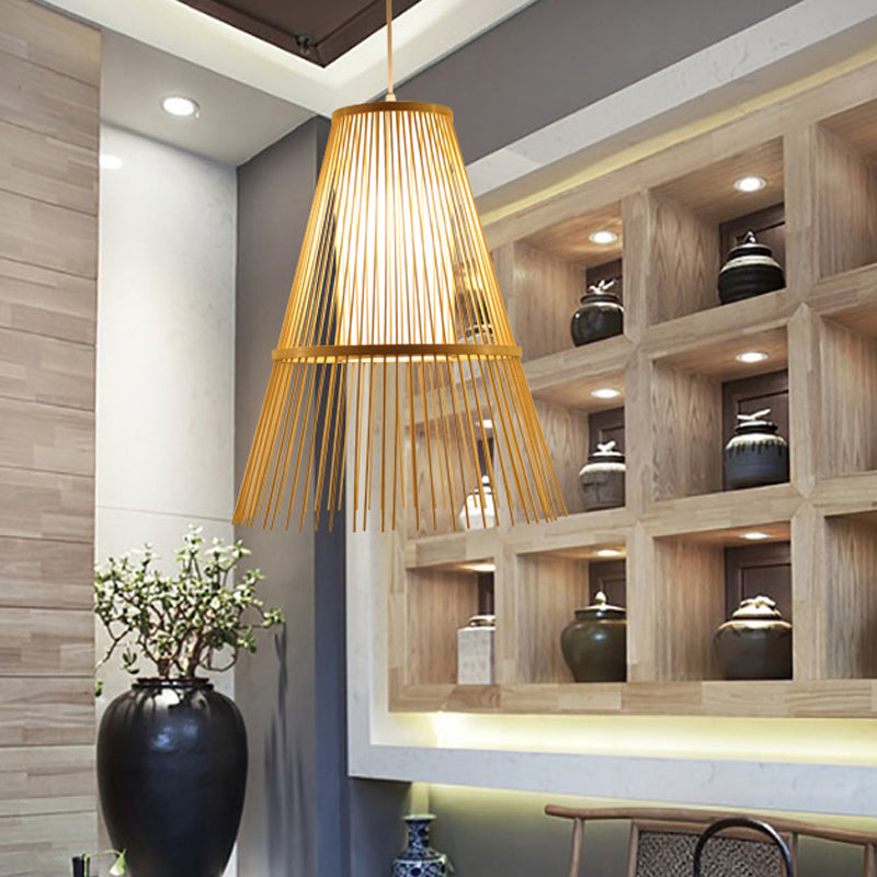 Asian 1 Bulb Hanging Lamp Beige Tapered Pendant Lighting Fixture with Bamboo Shade Clearhalo 'Ceiling Lights' 'Pendant Lights' 'Pendants' Lighting' 367202