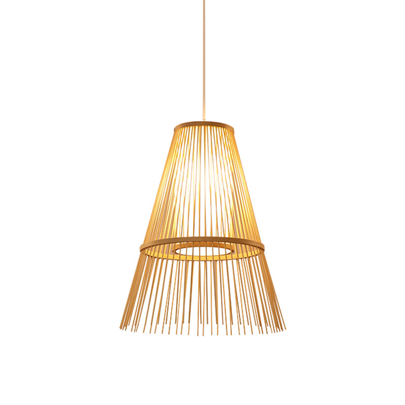 Asian 1 Bulb Hanging Lamp Beige Tapered Pendant Lighting Fixture with Bamboo Shade Clearhalo 'Ceiling Lights' 'Pendant Lights' 'Pendants' Lighting' 367203