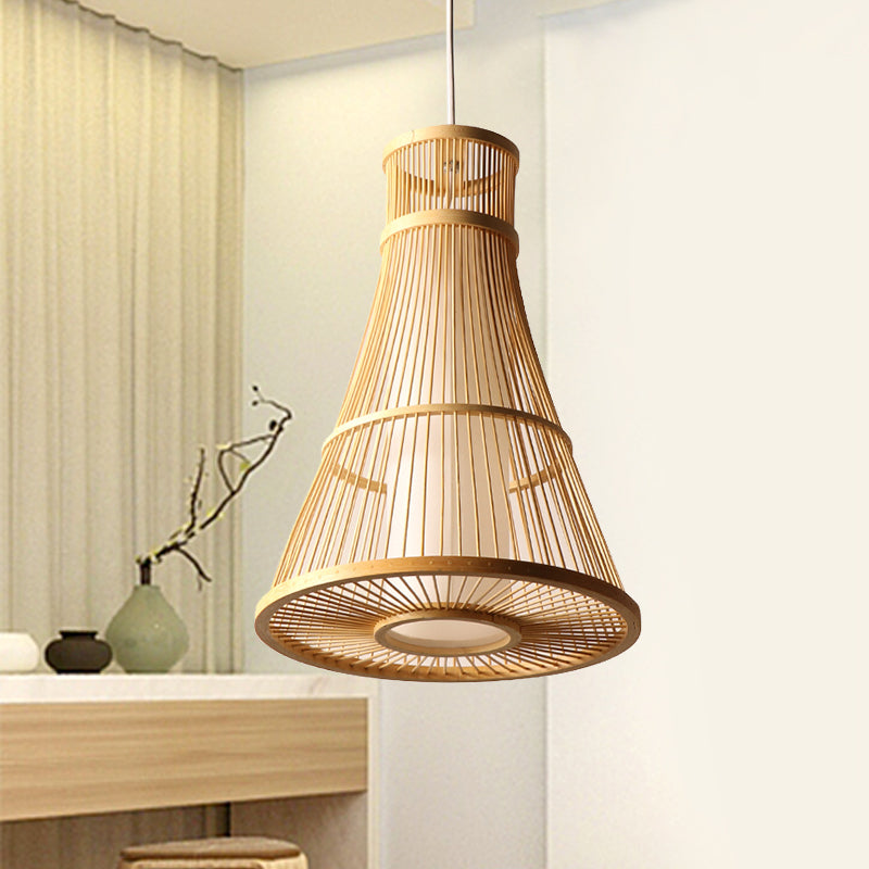 1 Bulb Trumpet Hanging Light Asia Bamboo Suspended Lighting Fixture in Beige for Restaurant Clearhalo 'Ceiling Lights' 'Pendant Lights' 'Pendants' Lighting' 367206