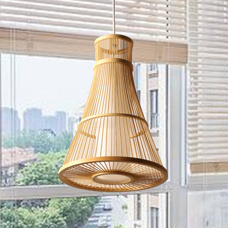 1 Bulb Trumpet Hanging Light Asia Bamboo Suspended Lighting Fixture in Beige for Restaurant Clearhalo 'Ceiling Lights' 'Pendant Lights' 'Pendants' Lighting' 367207