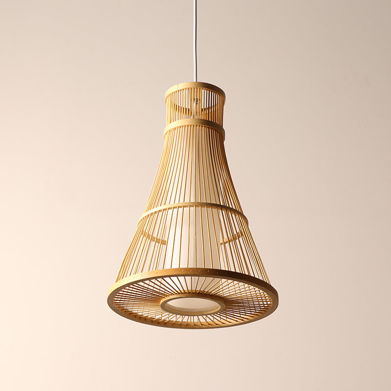 1 Bulb Trumpet Hanging Light Asia Bamboo Suspended Lighting Fixture in Beige for Restaurant Clearhalo 'Ceiling Lights' 'Pendant Lights' 'Pendants' Lighting' 367209